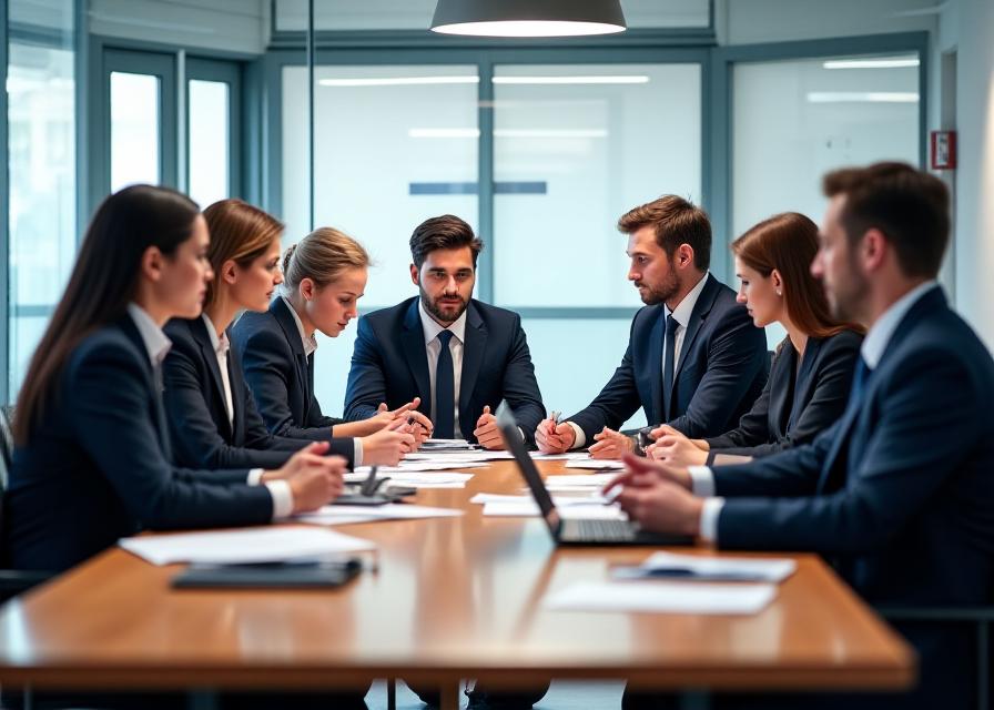 Abogados discutiendo estrategia en sala de juntas con profesionalismo